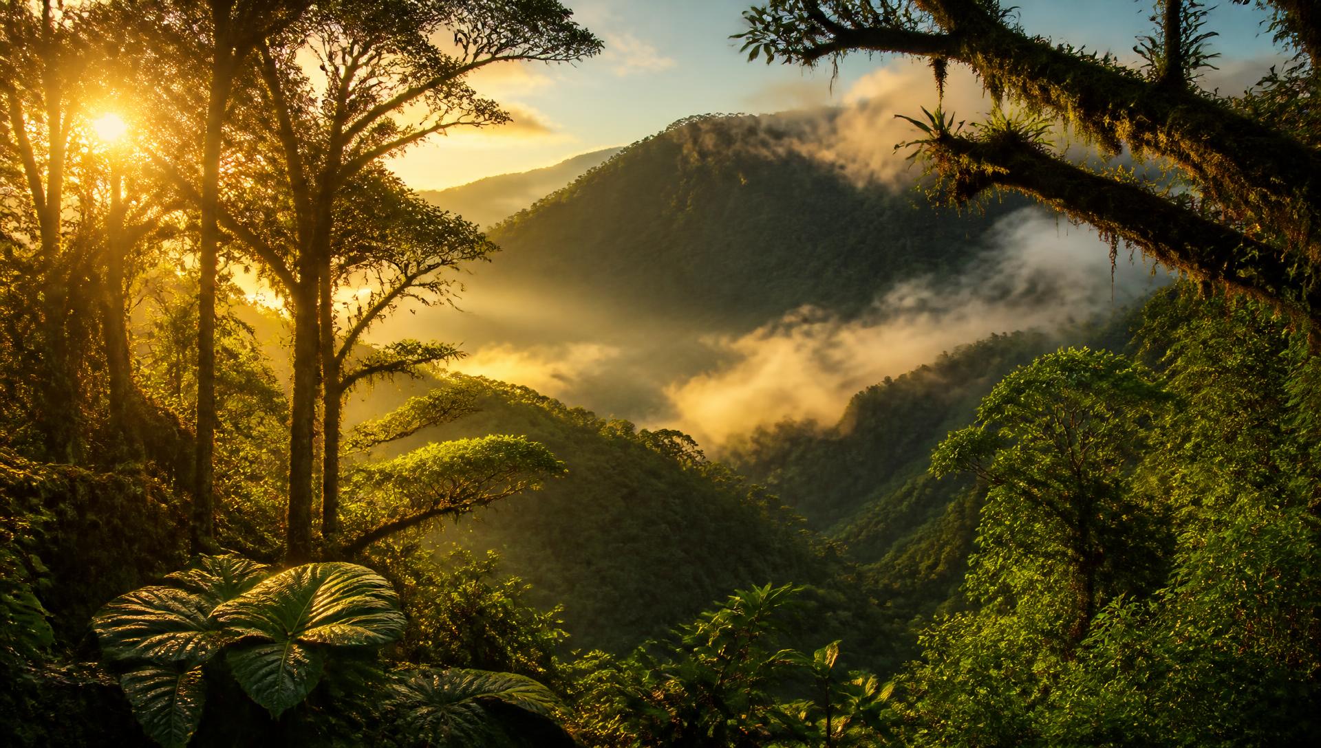 Bosque de niebla con montañas verdes al amanecer